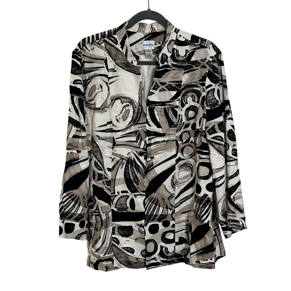 Chico's Silk Linen Blend Blazer Jacket Size 3 US XL Beige‎ Black Abstract Print